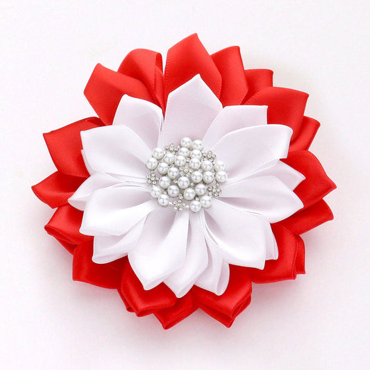 Madeline Love Red, Red&White, White Pearl Pointed Flower Ribbon Brooch Hair Clip - Brooches