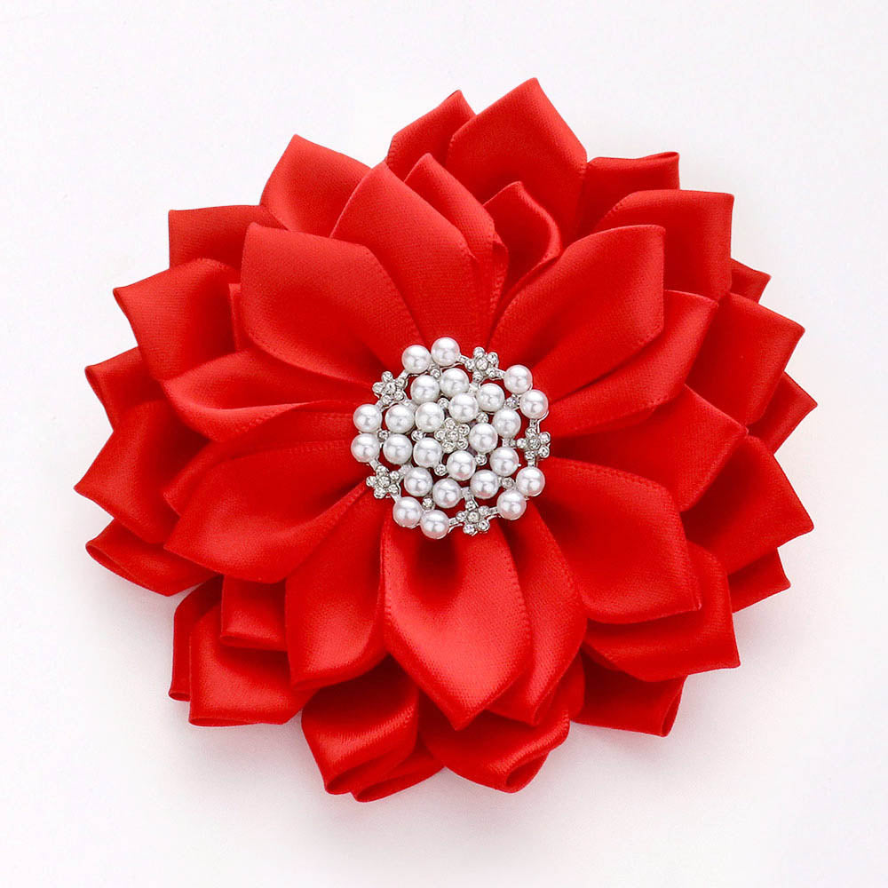 Madeline Love Red Pearl Pointed Flower Ribbon Brooch Hair Clip - Brooches
