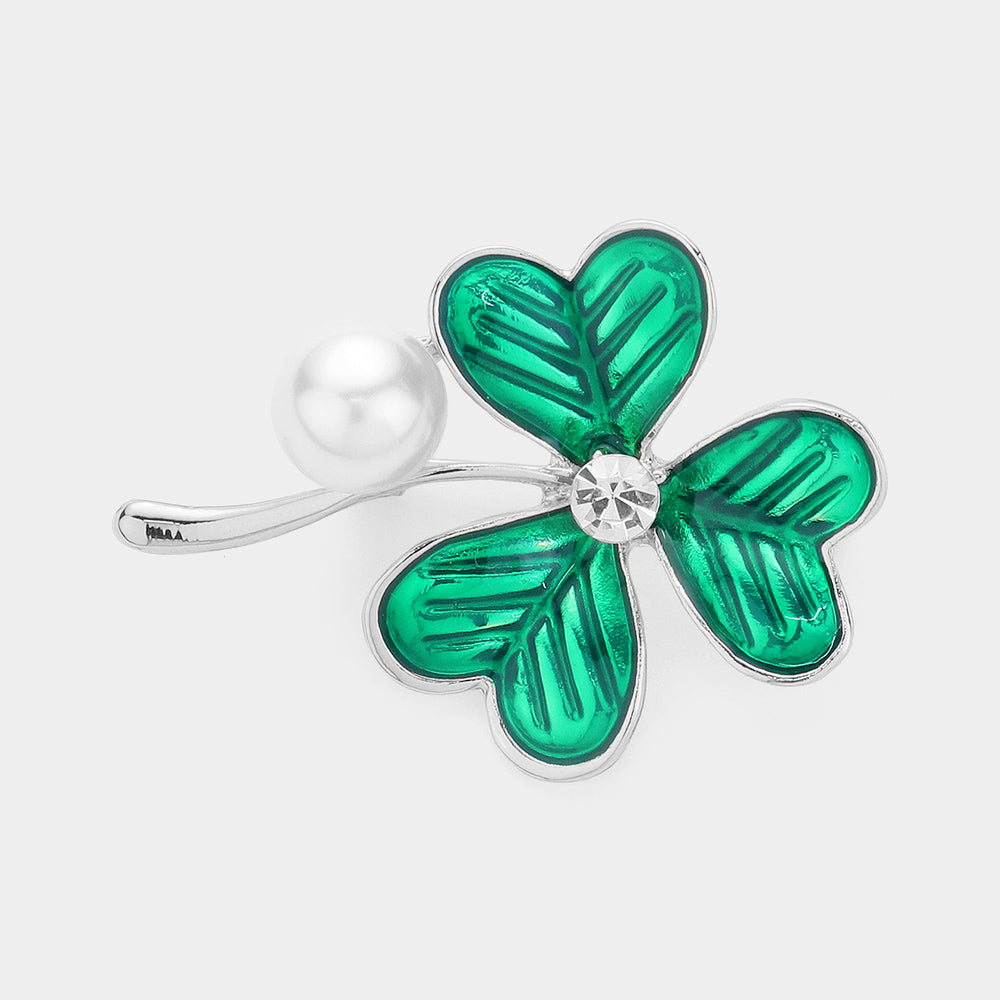 Madeline Love Silver, White Clover Pearl Pin Brooch - Brooches