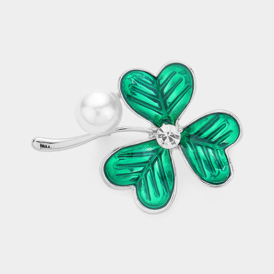Madeline Love Silver, White Clover Pearl Pin Brooch - Brooches