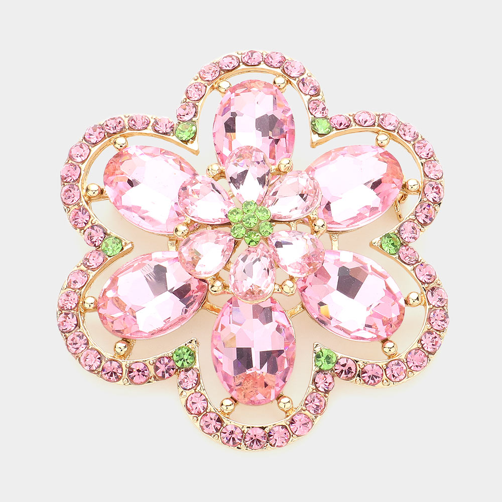 Madeline Love Pink&Green Oval Glass Stone Accented Rhinestone Paved Flower Pin Brooch - Brooches