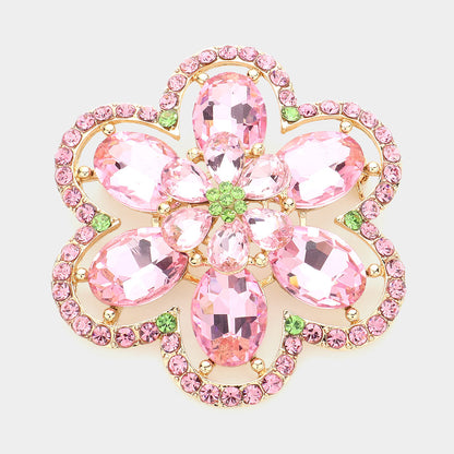Madeline Love Pink&Green Oval Glass Stone Accented Rhinestone Paved Flower Pin Brooch - Brooches