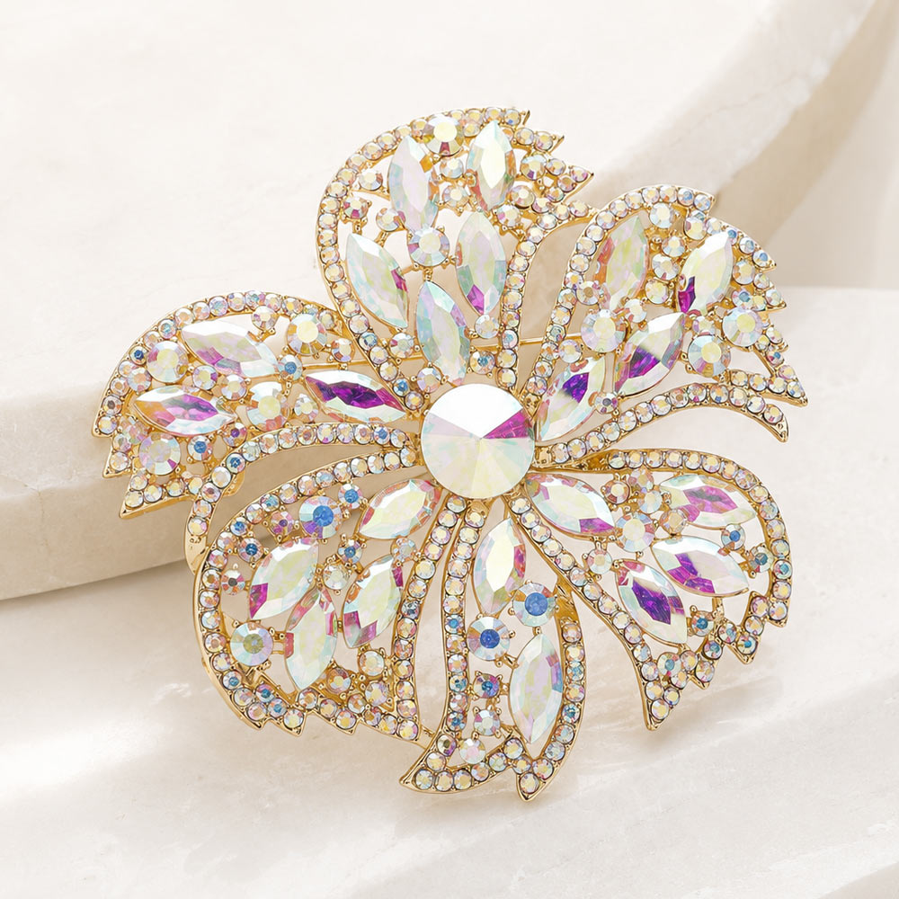 Madeline Love AB, Gold Stone Embellished Oversized Flower Pin Brooch