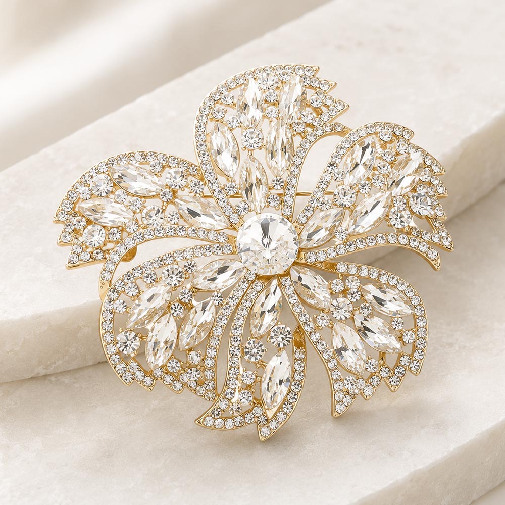 Madeline Love Clear, Gold Stone Embellished Oversized Flower Pin Brooch
