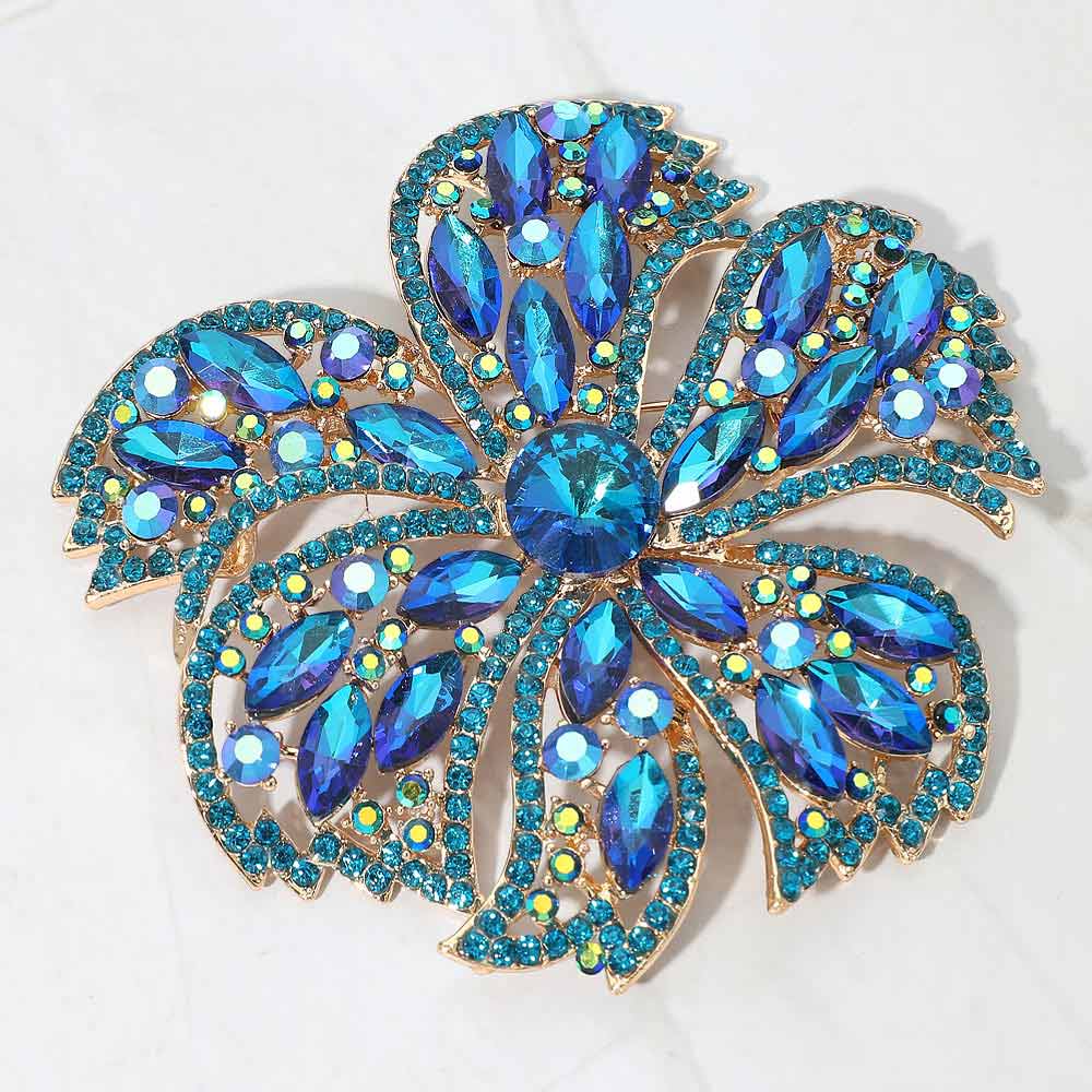 Madeline Love AB, Blue Stone Embellished Oversized Flower Pin Brooch