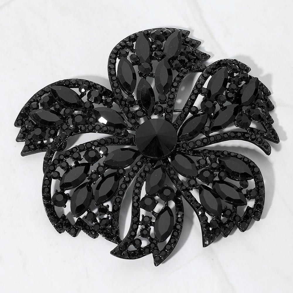 Madeline Love Jet Black Stone Embellished Oversized Flower Pin Brooch