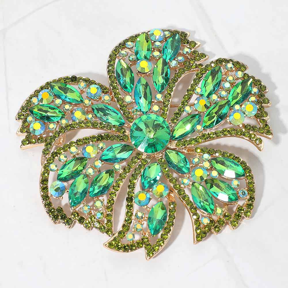 Madeline Love AB, Olive Green Stone Embellished Oversized Flower Pin Brooch