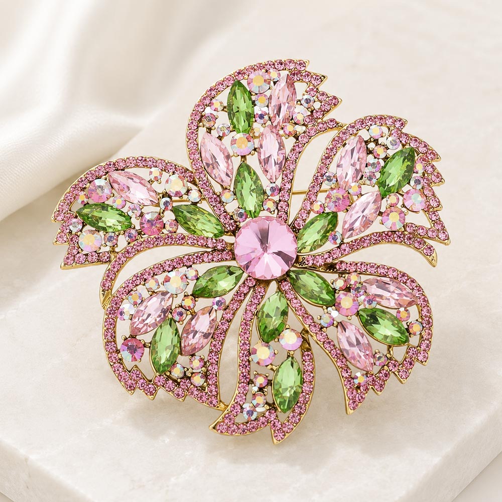 Madeline Love Pink&Green Stone Embellished Oversized Flower Pin Brooch