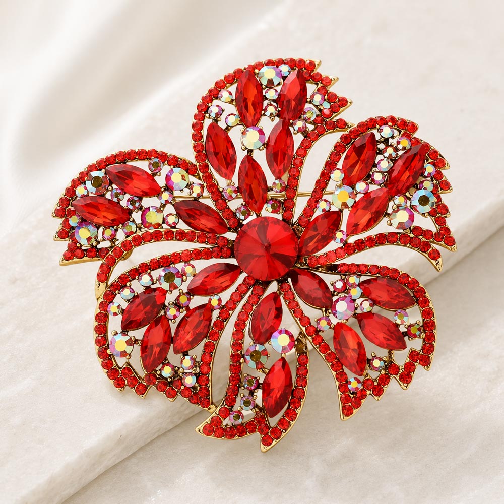 Madeline Love Red Stone Embellished Oversized Flower Pin Brooch