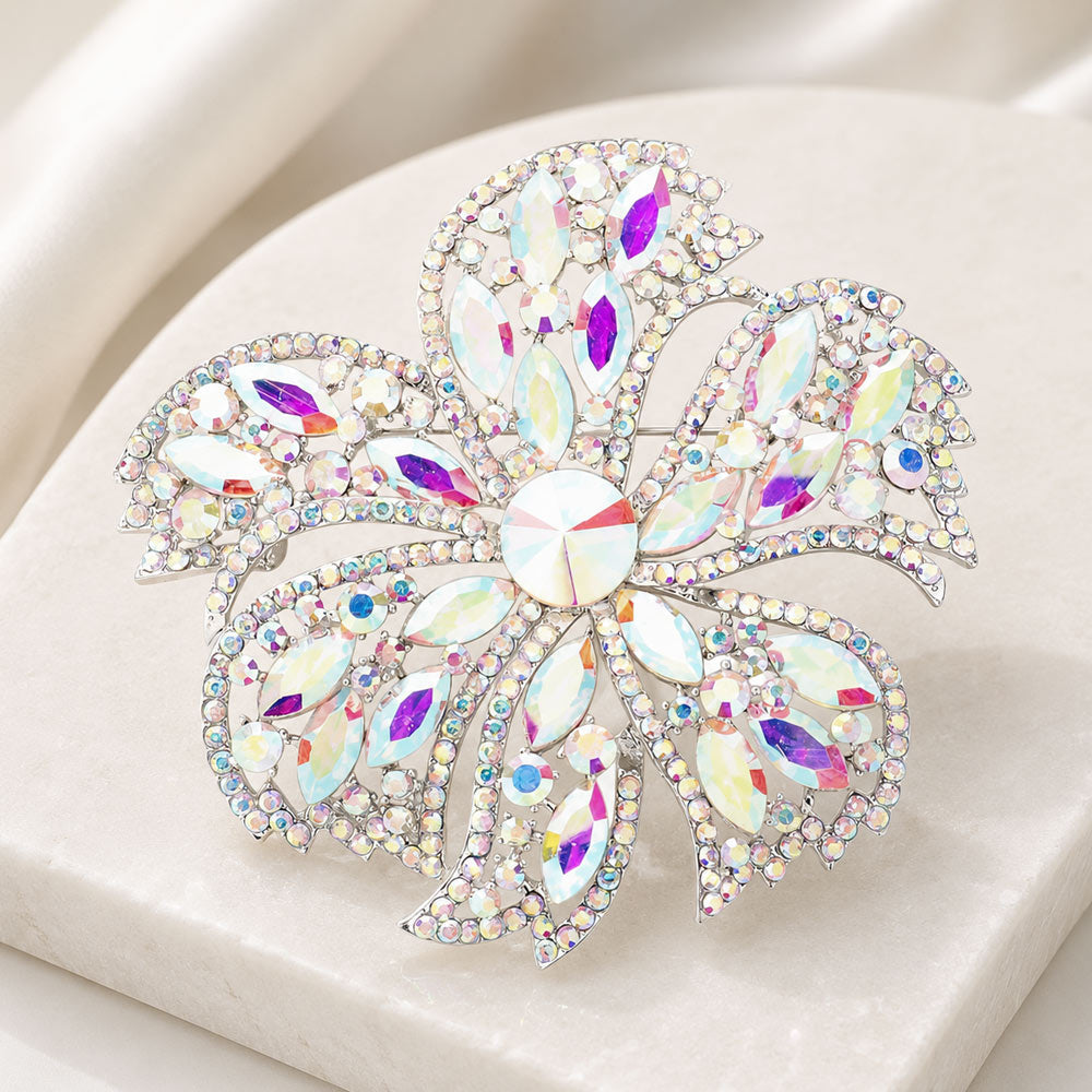 Madeline Love AB, Silver Stone Embellished Oversized Flower Pin Brooch