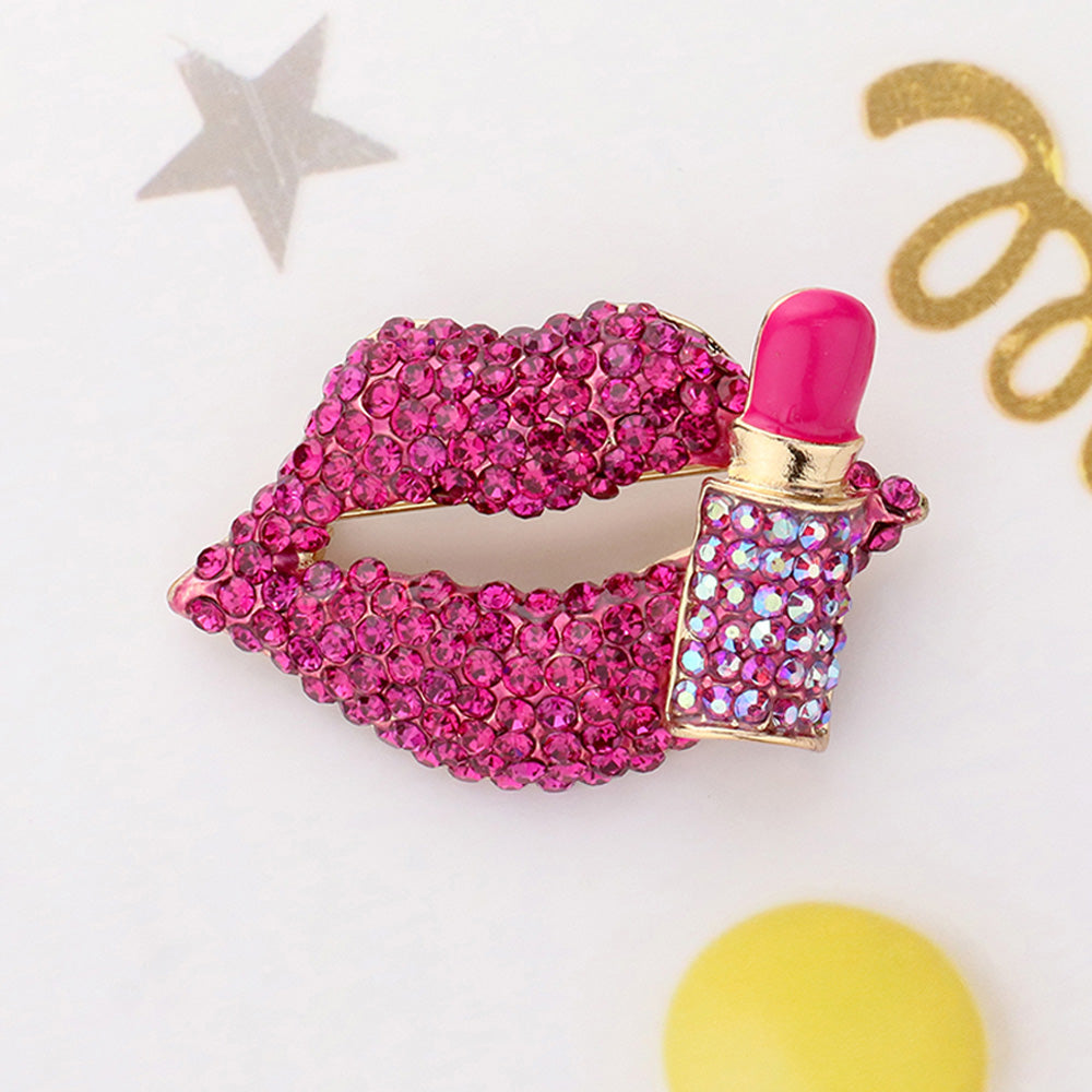 Madeline Love Fuchsia Bling Studded Lip and Lipstick Pin Brooch - Brooches