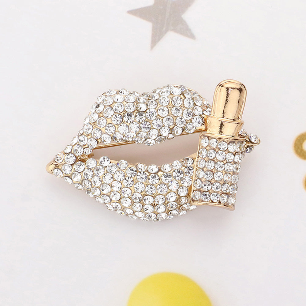 Madeline Love Clear, Gold Bling Studded Lip and Lipstick Pin Brooch - Brooches