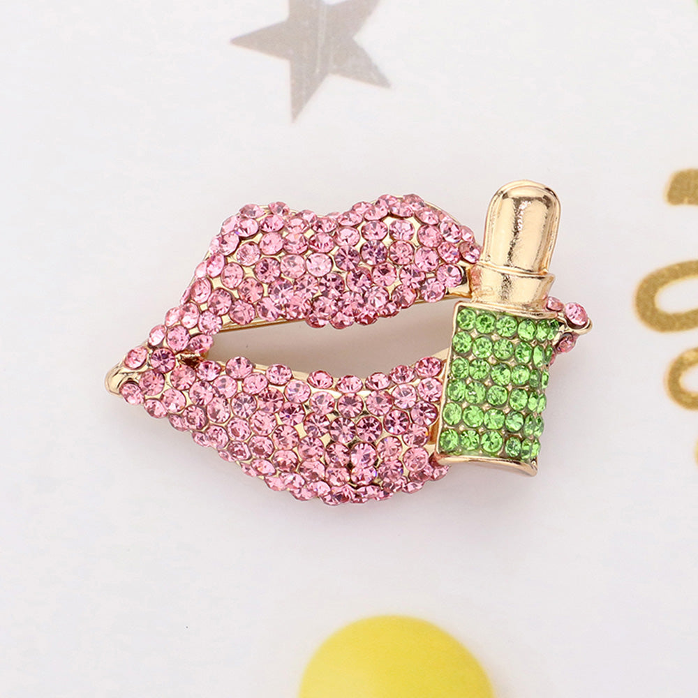Madeline Love Pink&Green Bling Studded Lip and Lipstick Pin Brooch - Brooches