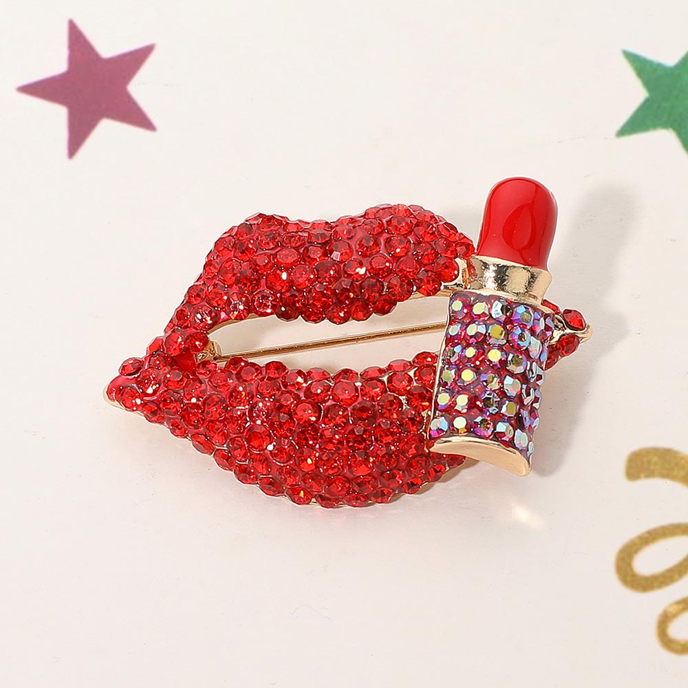 Madeline Love Red Bling Studded Lip and Lipstick Pin Brooch - Brooches