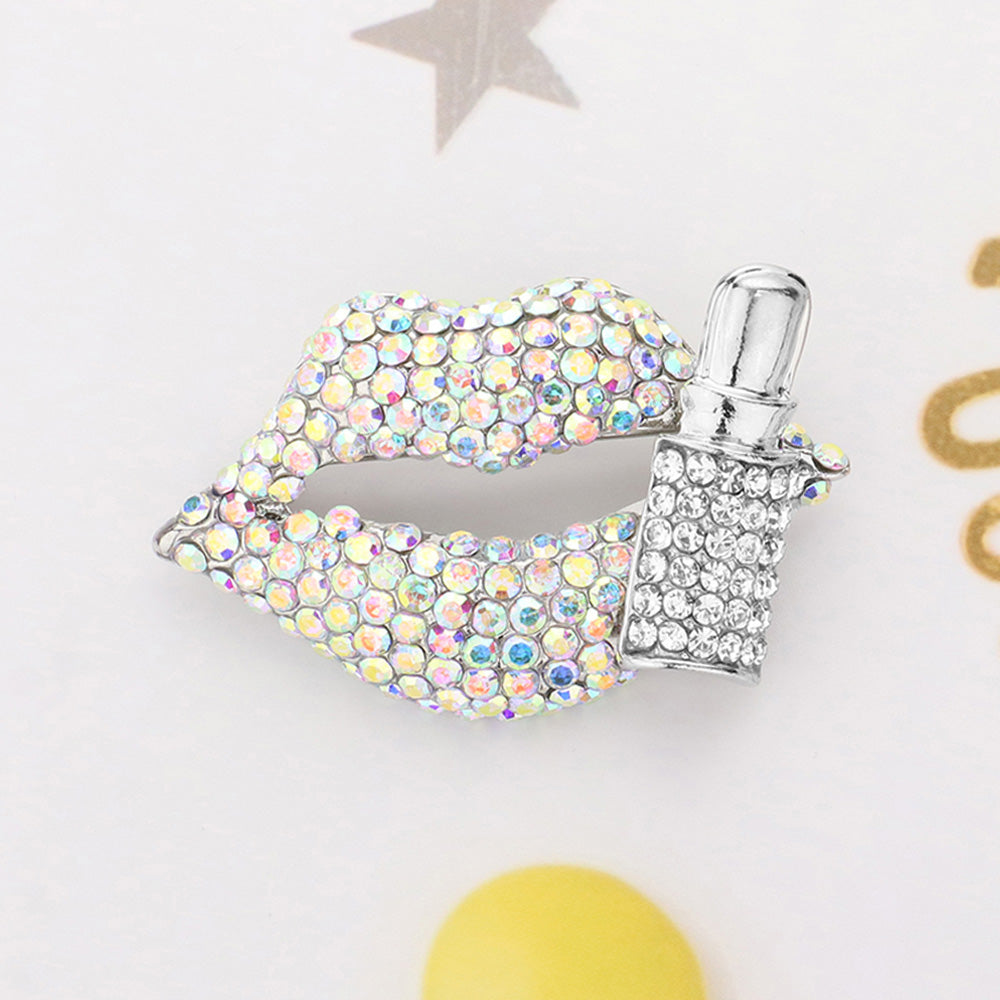 Madeline Love AB, Silver Bling Studded Lip and Lipstick Pin Brooch - Brooches