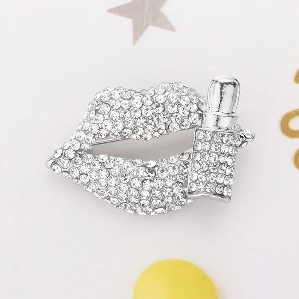 Madeline Love Clear, Silver Bling Studded Lip and Lipstick Pin Brooch - Brooches