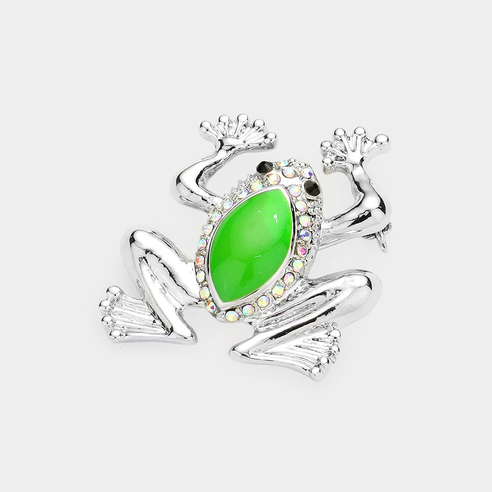 Madeline Love AB, Green, Rhodium Crystal Accented Frog Pin Brooch - Brooches