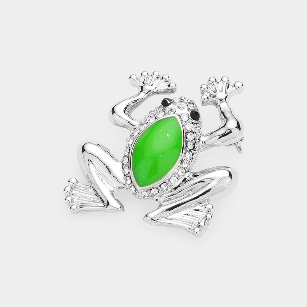 Madeline Love Clear, Green, Rhodium Crystal Accented Frog Pin Brooch - Brooches