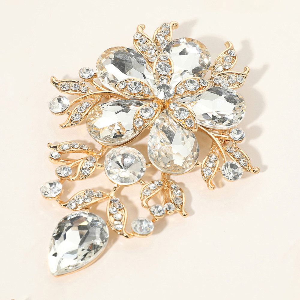 Madeline Love Clear, Gold Flower Glass Stone Cluster Pin Brooch