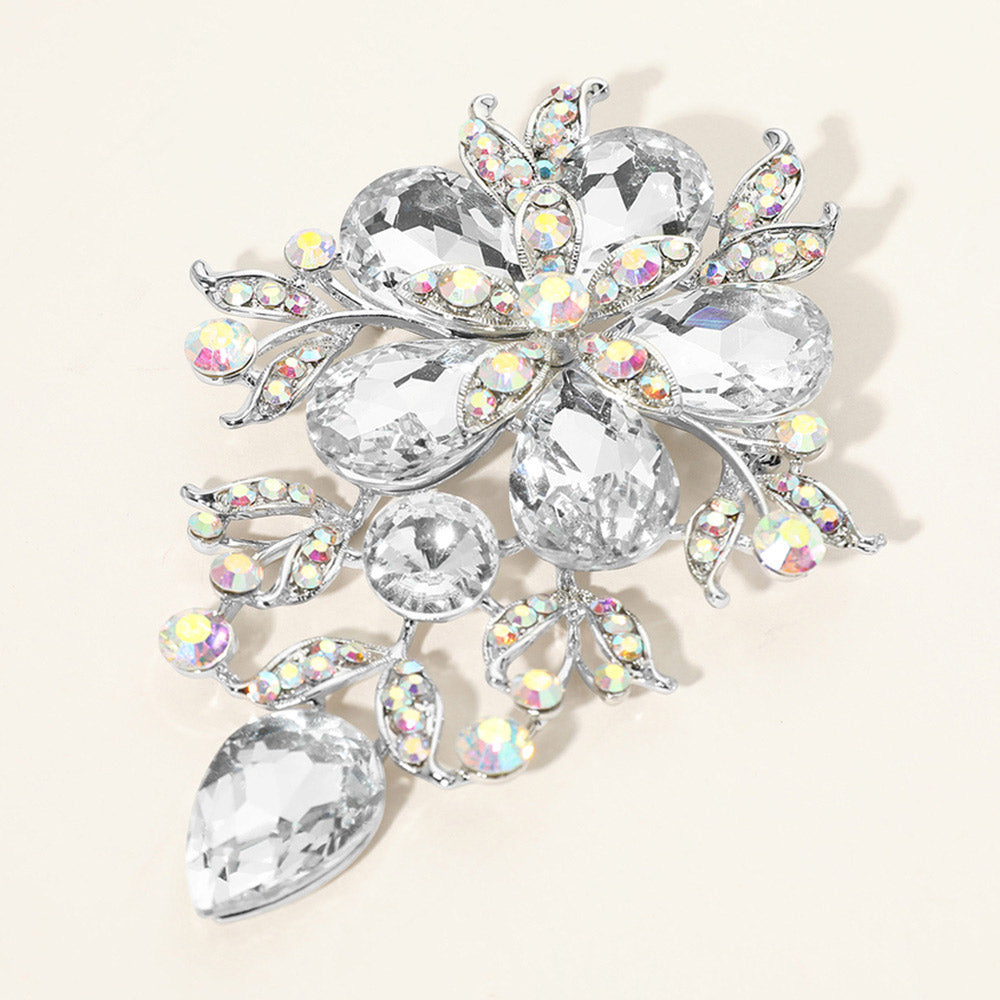 Madeline Love AB, Silver Flower Glass Stone Cluster Pin Brooch