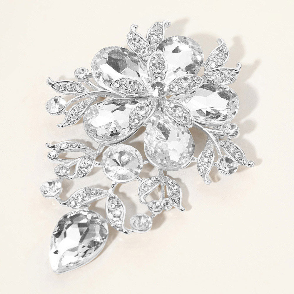 Madeline Love Clear, Silver Flower Glass Stone Cluster Pin Brooch