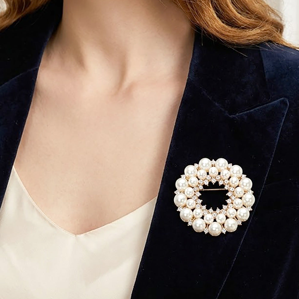 Madeline Love Cream, Gold Pearl Crystal Circle Pin Brooch