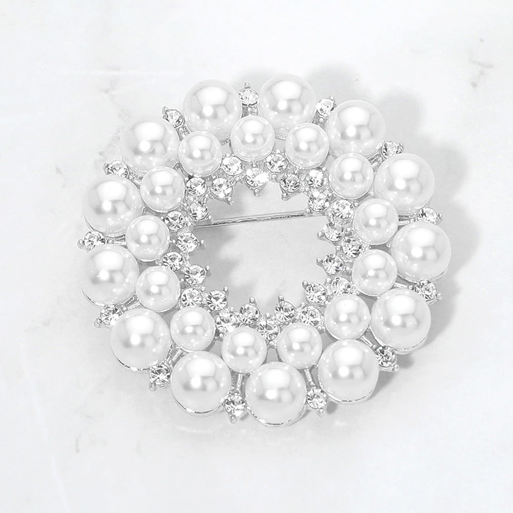 Madeline Love Rhodium, White Pearl Crystal Circle Pin Brooch