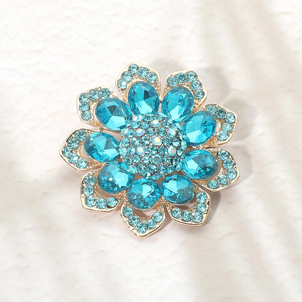 Madeline Love Aqua Glass Stone Flower Pin Brooch