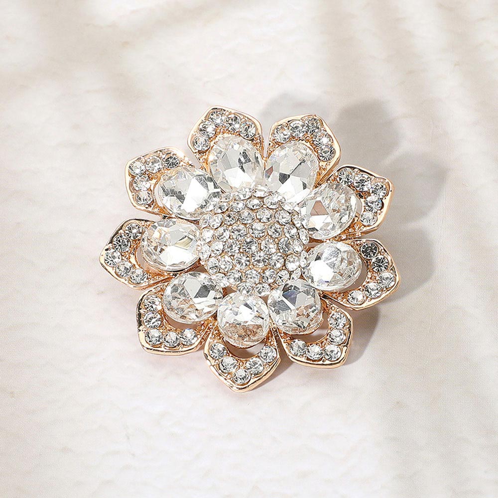 Madeline Love Clear, Gold Glass Stone Flower Pin Brooch