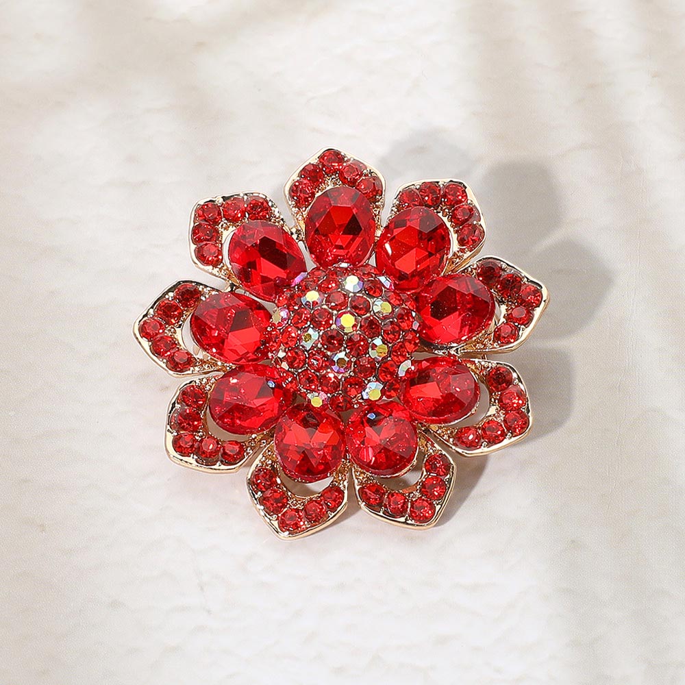 Madeline Love Red Glass Stone Flower Pin Brooch