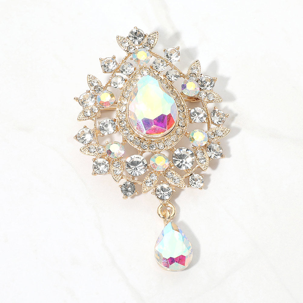 Madeline Love AB, Gold Teardrop Stone Accent Vintage Frame Pin Brooch