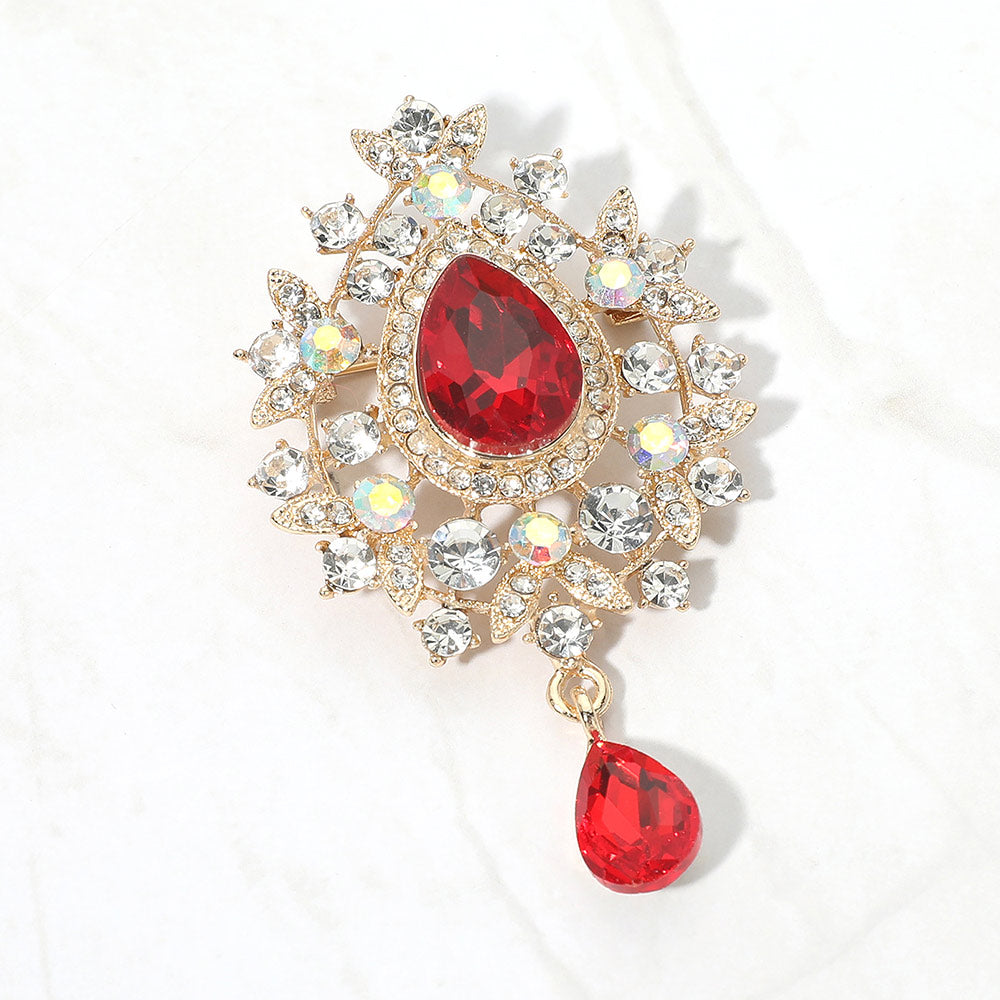 Madeline Love Gold, Red Teardrop Stone Accent Vintage Frame Pin Brooch