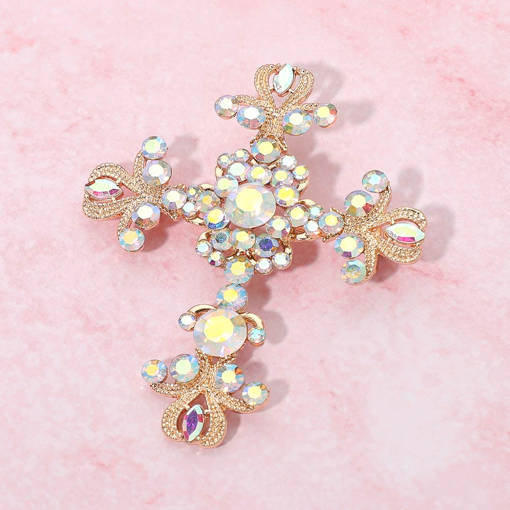 Madeline Love AB, Gold Elegant Stone Embellished Cross Pin Brooch - Brooches
