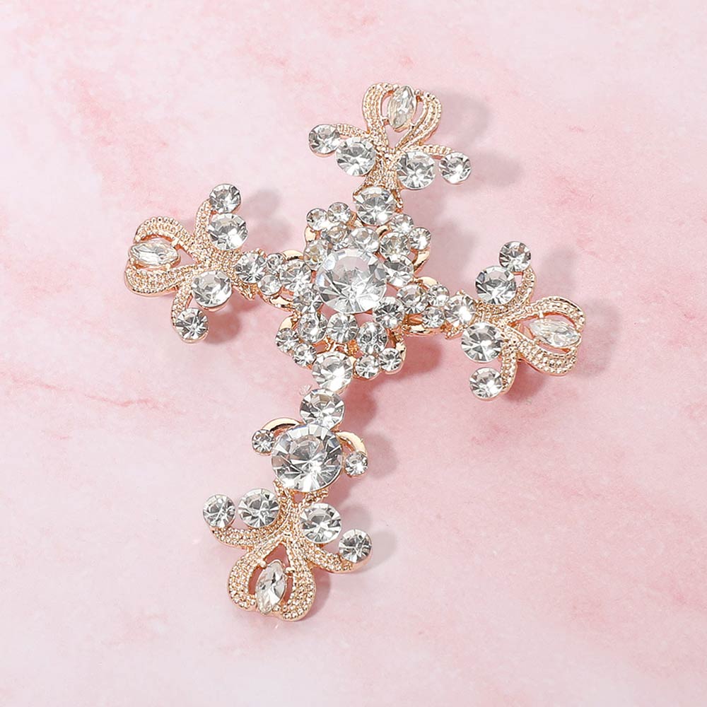 Madeline Love Clear, Gold Elegant Stone Embellished Cross Pin Brooch - Brooches
