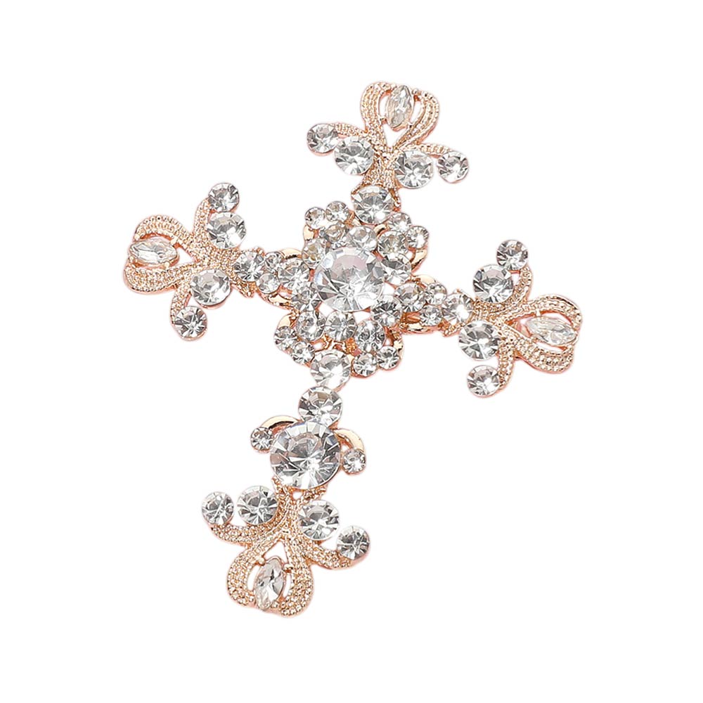 Madeline Love Clear, Gold Elegant Stone Embellished Cross Pin Brooch - Brooches - desc