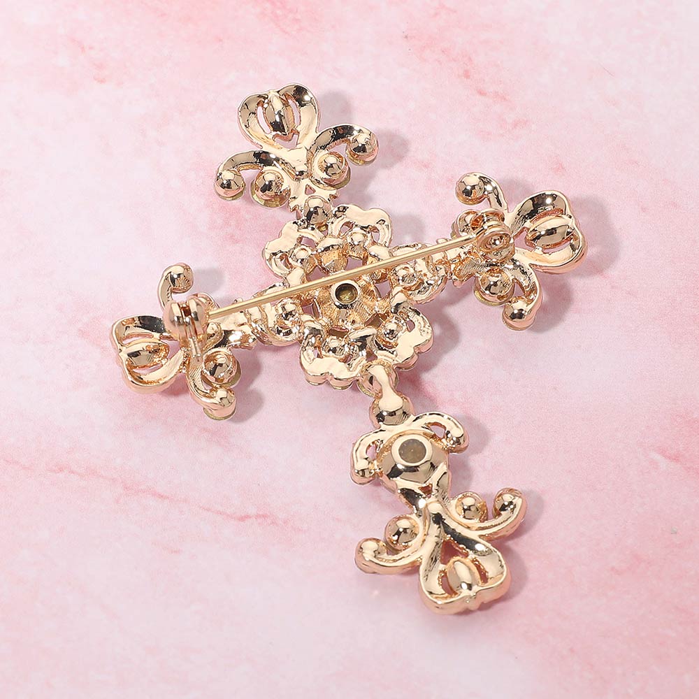 Madeline Love Clear, Gold Elegant Stone Embellished Cross Pin Brooch - Brooches - extra