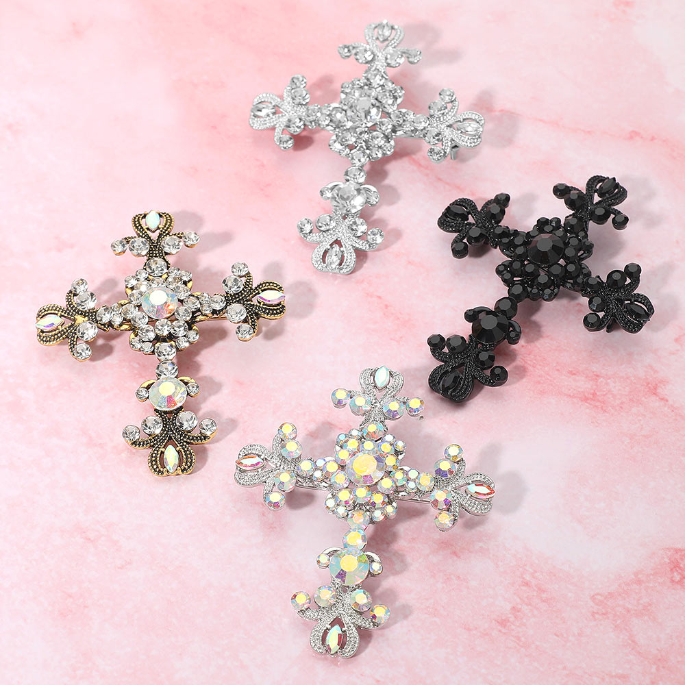 Madeline Love Clear, Gold Elegant Stone Embellished Cross Pin Brooch - Brooches - extra
