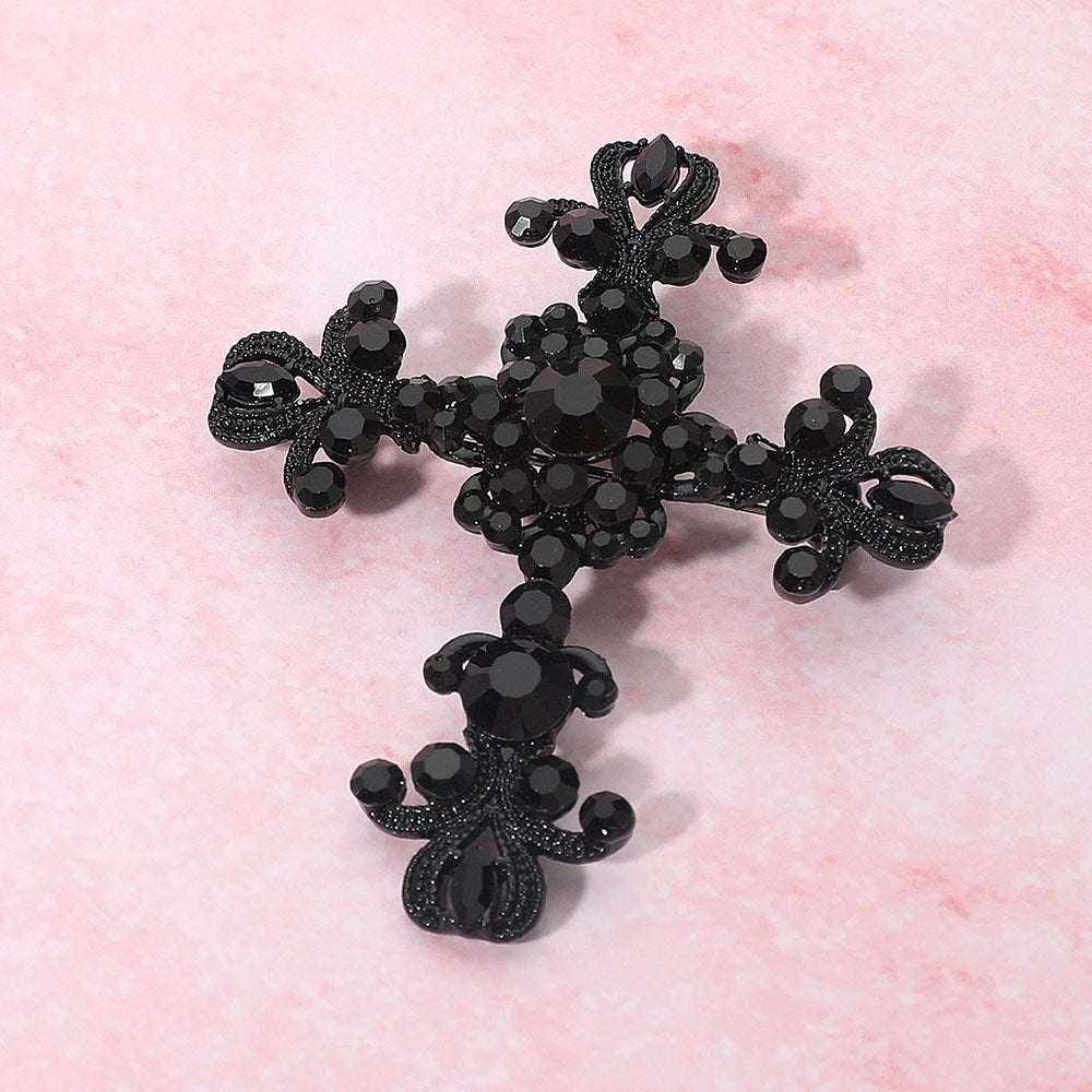 Madeline Love Jet Black Elegant Stone Embellished Cross Pin Brooch - Brooches