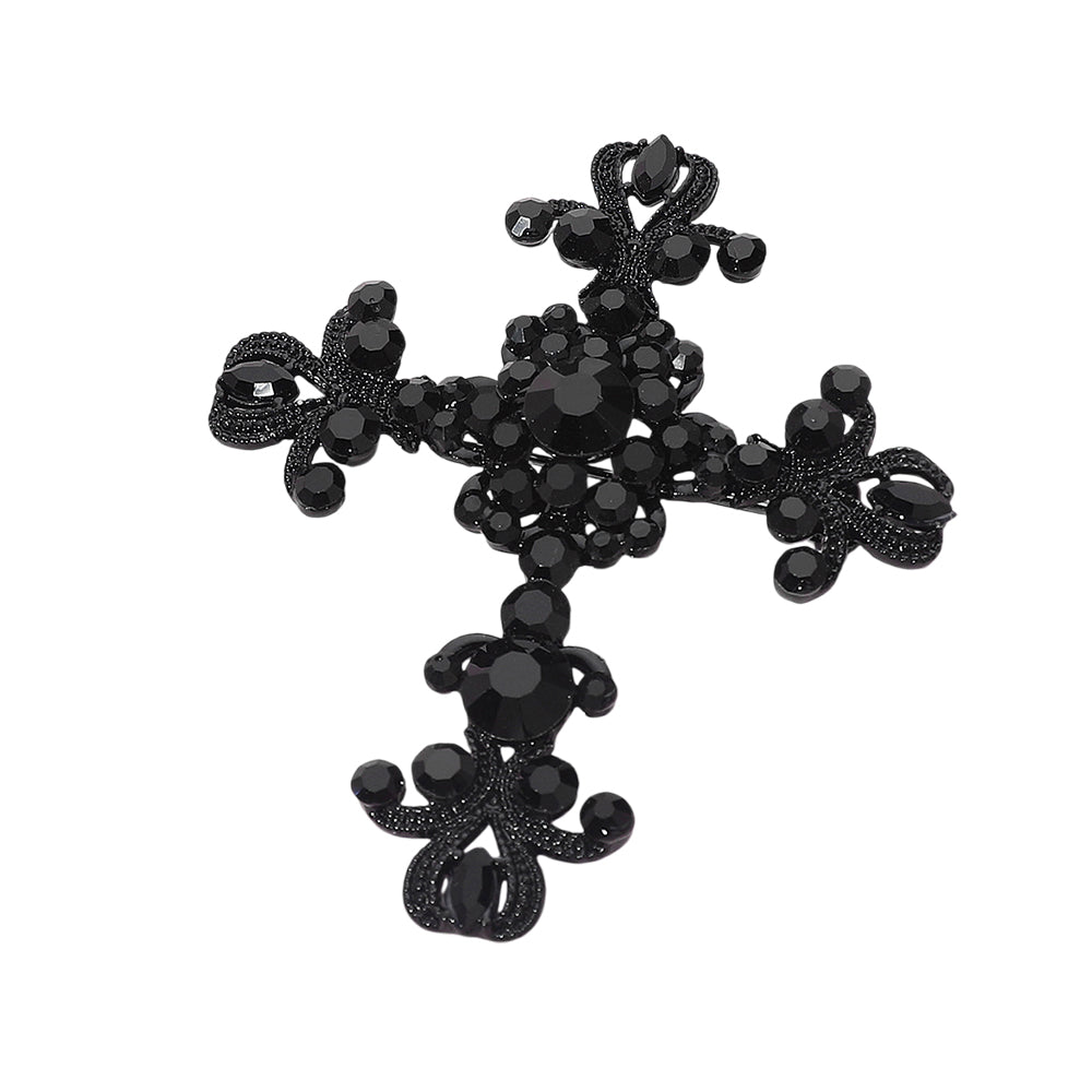 Madeline Love Jet Black Elegant Stone Embellished Cross Pin Brooch - Brooches - desc