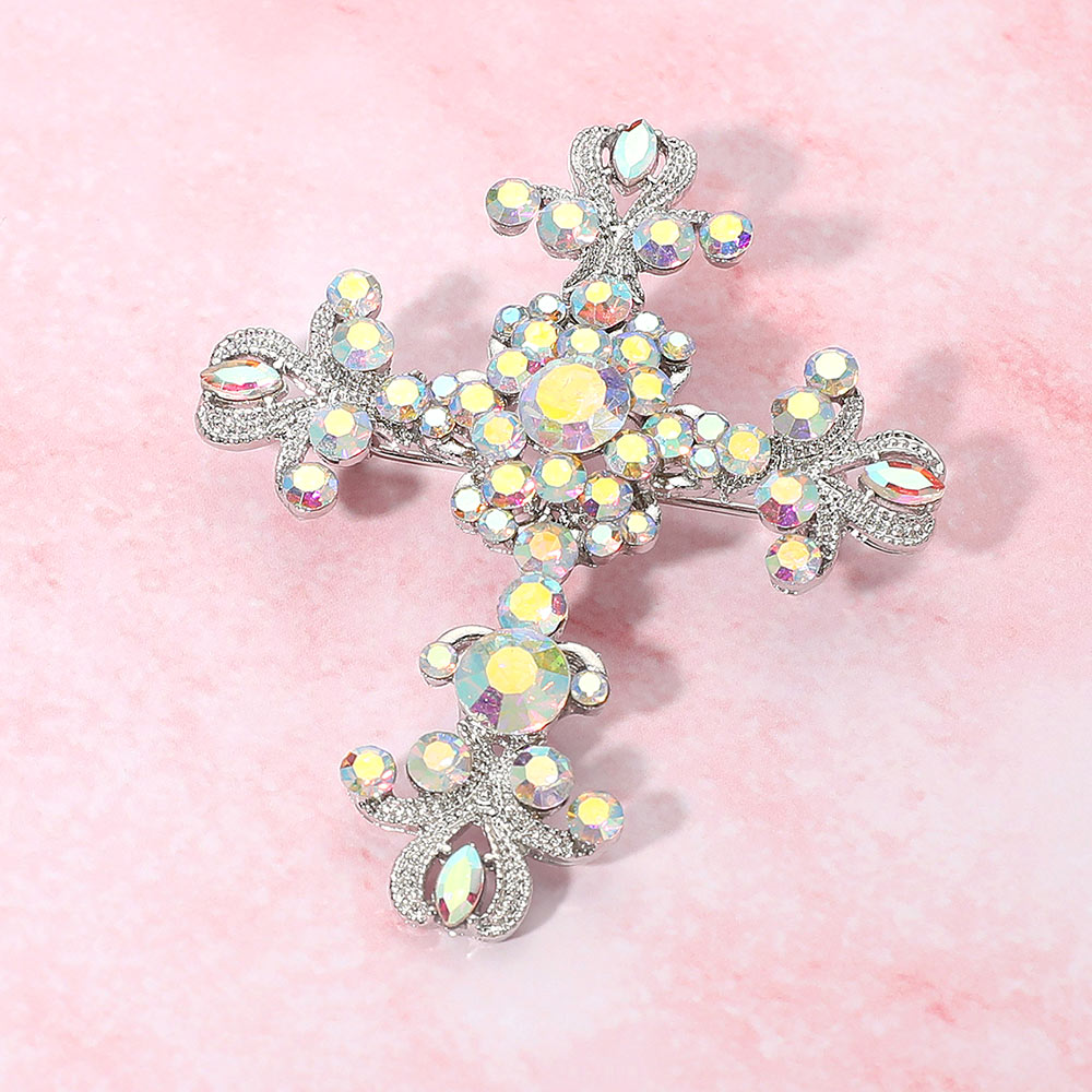 Madeline Love AB, Silver Elegant Stone Embellished Cross Pin Brooch - Brooches