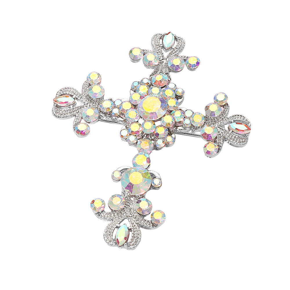 Madeline Love AB, Silver Elegant Stone Embellished Cross Pin Brooch - Brooches - desc
