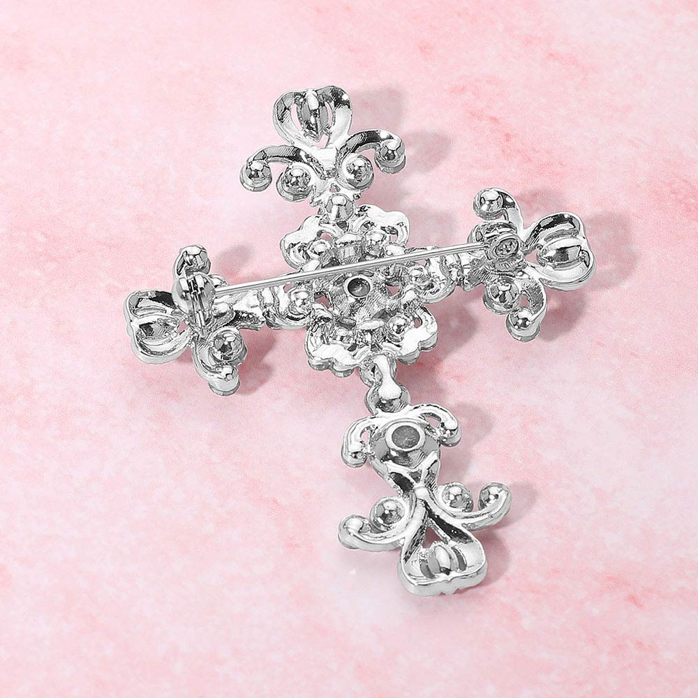 Madeline Love AB, Silver Elegant Stone Embellished Cross Pin Brooch - Brooches - extra