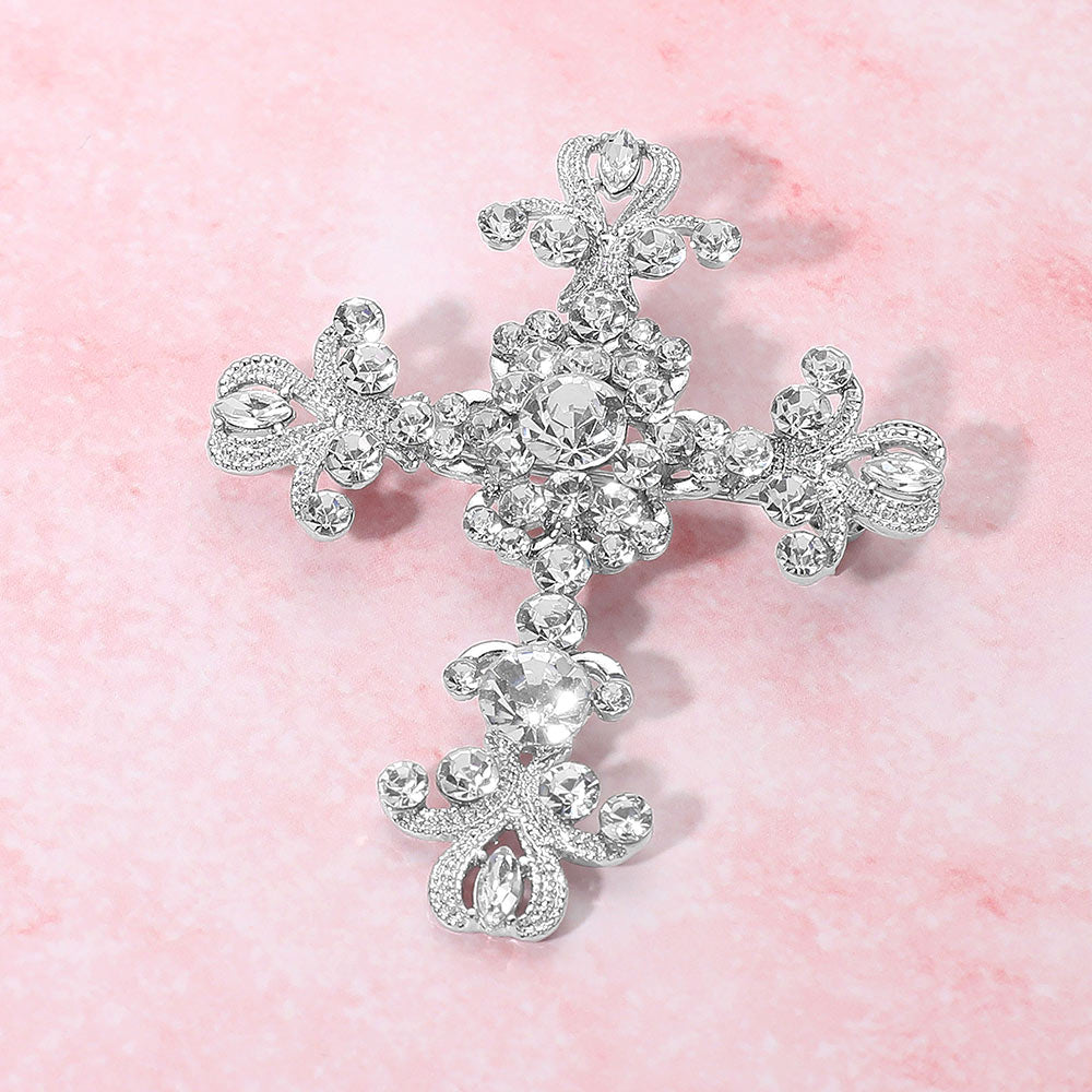 Madeline Love Clear, Silver Elegant Stone Embellished Cross Pin Brooch - Brooches