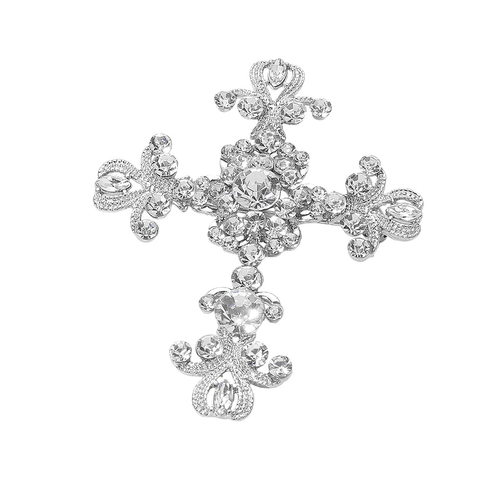 Madeline Love Clear, Silver Elegant Stone Embellished Cross Pin Brooch - Brooches - desc