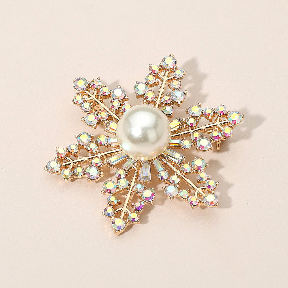 Madeline Love AB, Gold Elegant Crystal Rhinestone Pearl Snowflake Brooch