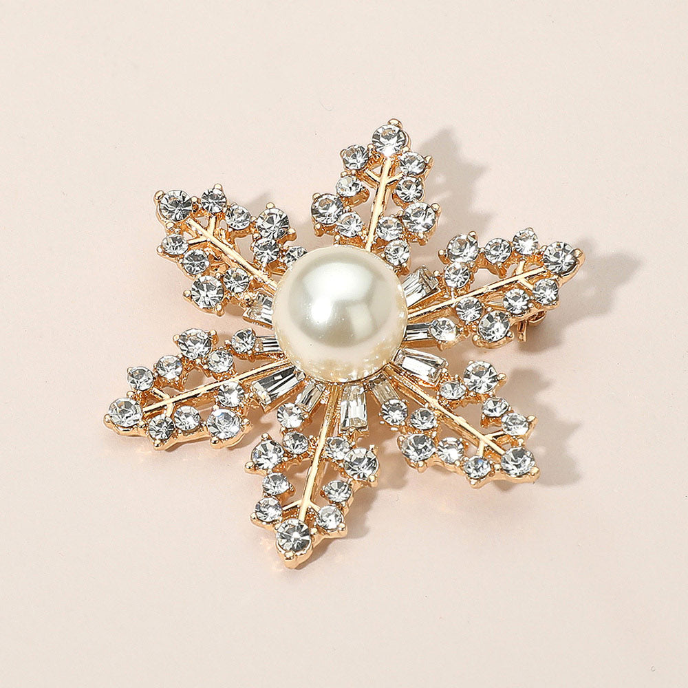 Madeline Love Clear, Gold Elegant Crystal Rhinestone Pearl Snowflake Brooch