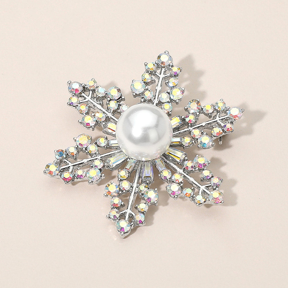 Madeline Love AB, Silver Elegant Crystal Rhinestone Pearl Snowflake Brooch