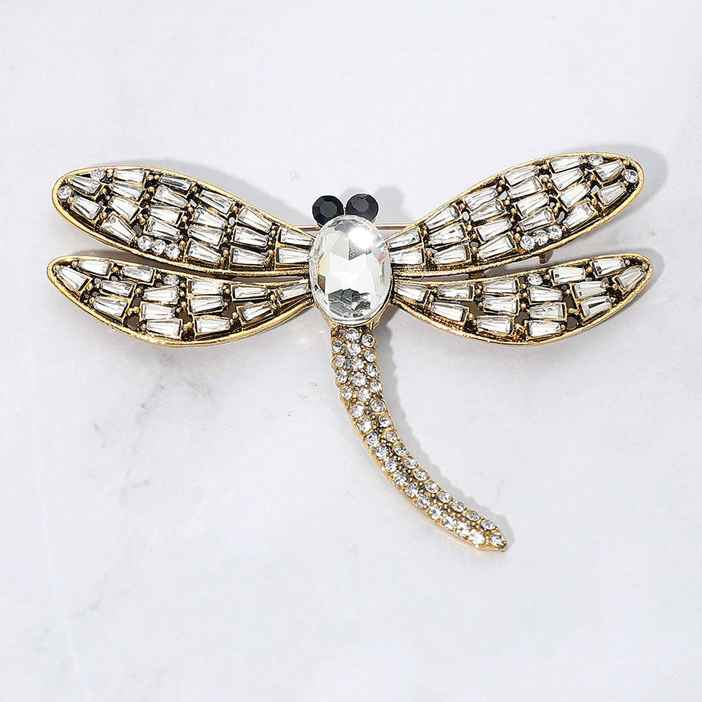 Madeline Love Clear, Gold Sparkling Stone Embellished Dragonfly Pin Brooch - Brooches