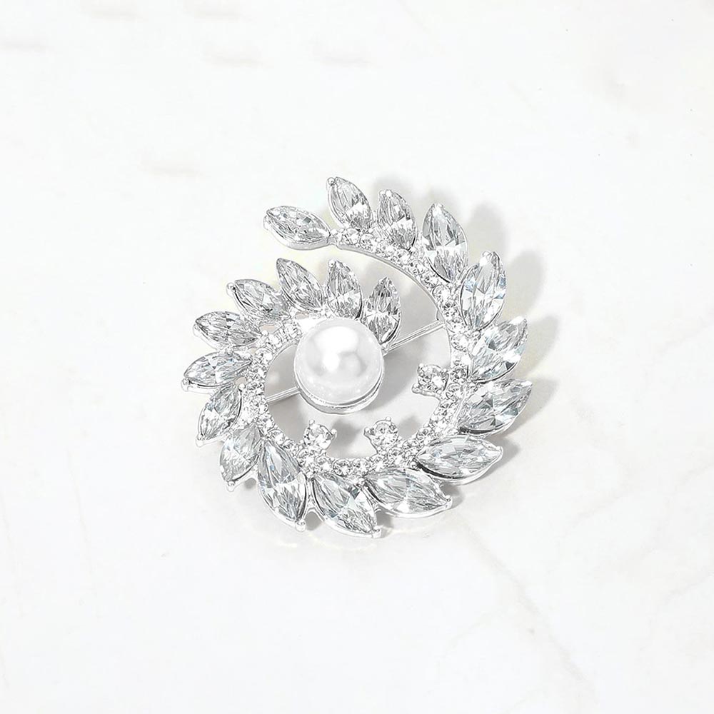 Madeline Love Silver Pearl Accent Marquise Stone Cluster Around Wreath Pin Brooch