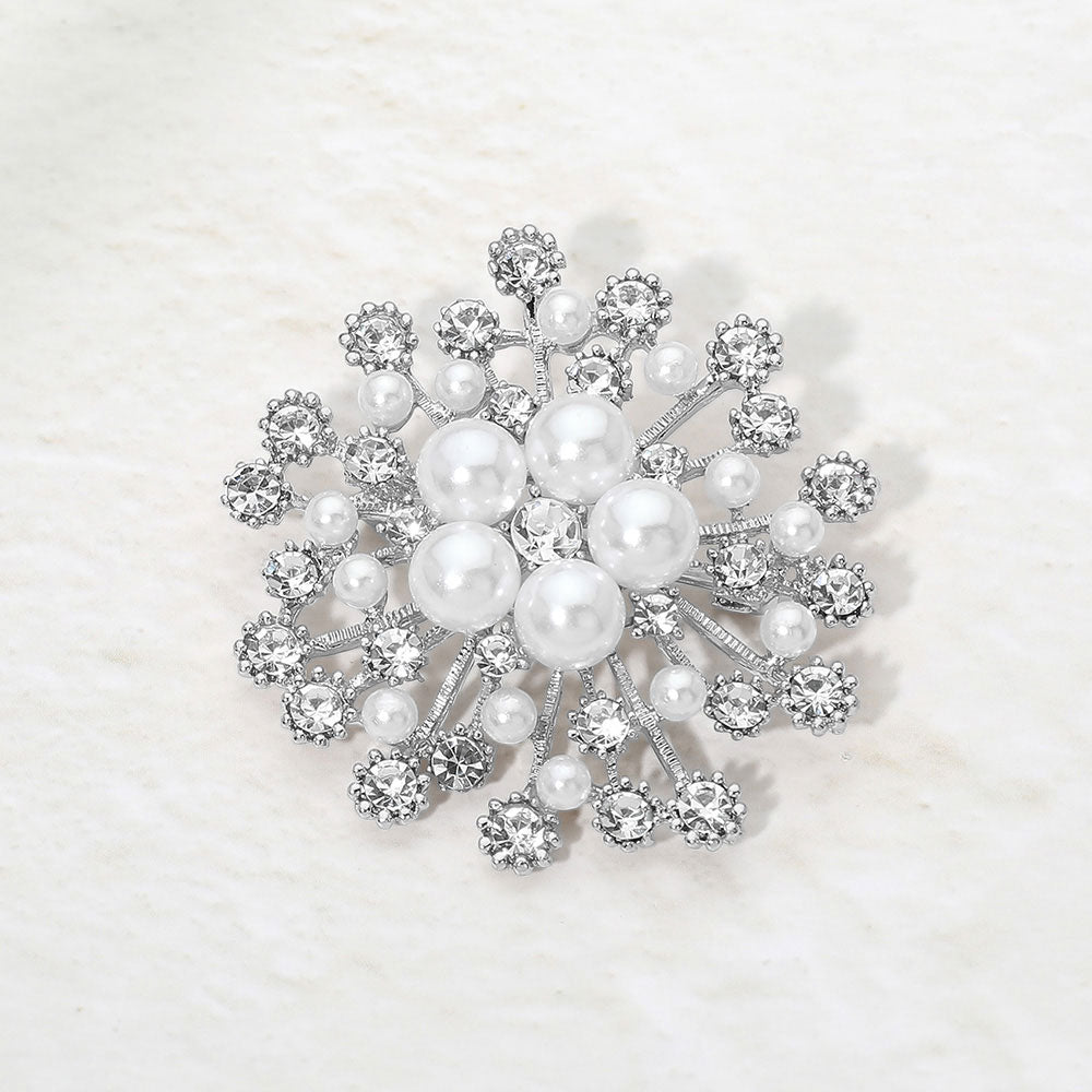 Madeline Love Silver Pearl Center Crystal Embellished Floral Pin Brooch